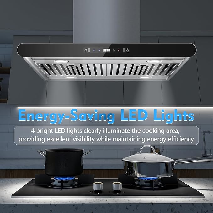 Tiesay Island Range Hood 30 inch, 700 CFM Dual-Sided Ceiling Mount Vent Hood, Convertible Ducted/Ductless, Touch,Gesture & Remote Control, 3-Speed Fan, 4 LED Lights, Stainless Steel