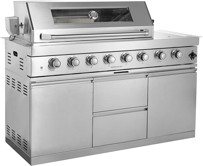 96-Inch 6-Burner 85000 BTU Propane Gas Outdoor Kitchen Island Grill with Wine Cooler, Rotisserie & Granite Countertops – Combining a spacious grilling area with versatility, Silver