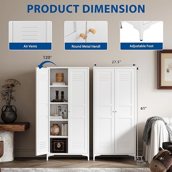 Metal Storage Cabinet-61” Tall Steel File Cabinets with Doors and 4 Adjustable Shelves-White Steel Storage Cabinet for Home,Kitchen, School, Office, Garage