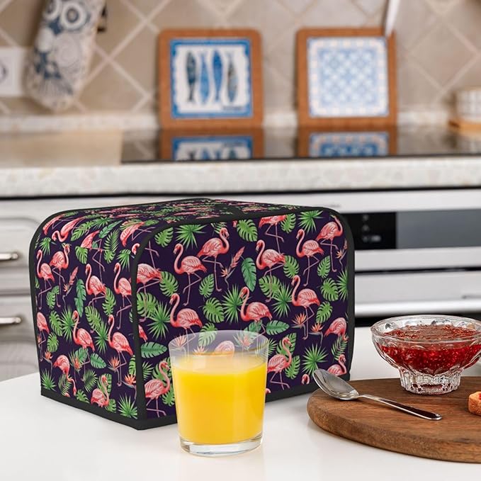 2 Slice Toaster Cover, Polyester Dust Protection, Fingerprint Resistant Washable Kitchen Appliance Cover Palm Leaf Cute Flamingo