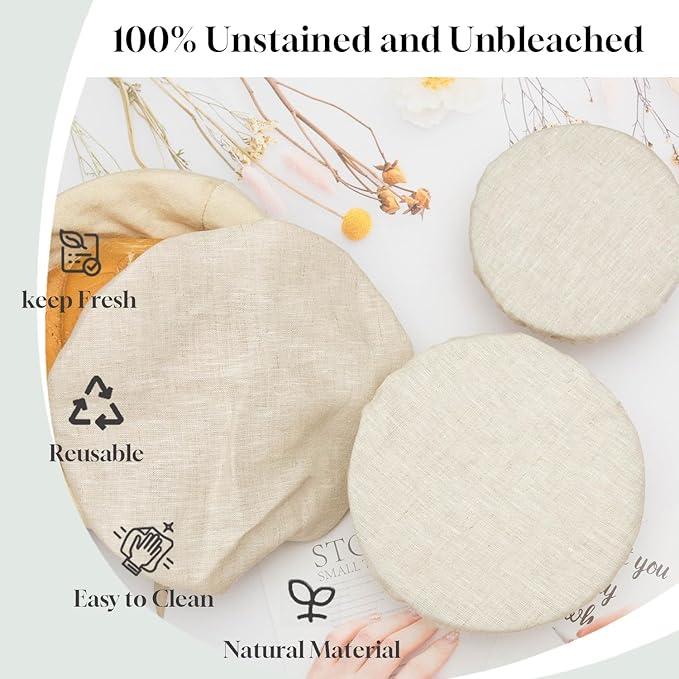 3 Pack 20CM 100% Reusable Organic Bowl Cover,Food Storage Container Covers,100% Natural Organic Linen,Unbleached,for covering fruit and vegetable salad bowls and plates