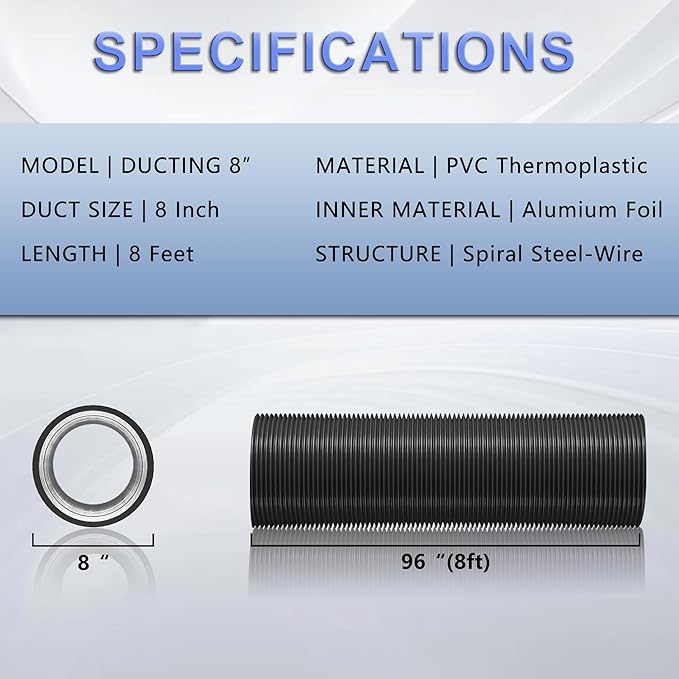8 Inch Flexible Ducting Hose 8 Feet Black Aluminum Ducting -4 Layer Protection Dryer Vent Hose for HVAC Heating Cooling Ventilation and Exhaust, 2 Clamps Included