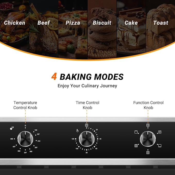 AMZCHEF 24" Single Wall Oven, 2.65 Cu.ft. Built-in Electric Wall Oven with 5 Cooking Functions, 360° ROTATING ROTISSERIE, 2200W, Mechanical Knobs Control, Timer, Stainless Steel Wall Oven for Kitchen