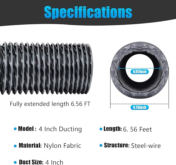 Dryer Vent Hose, 4 Inch X 6FT Flexible Nylon Ducting – Wear-Resistant & Tear-Proof Venting Hose, Upgraded Fire-Resistant Hose for HVAC, Greenhouse(Length 6.5FT)