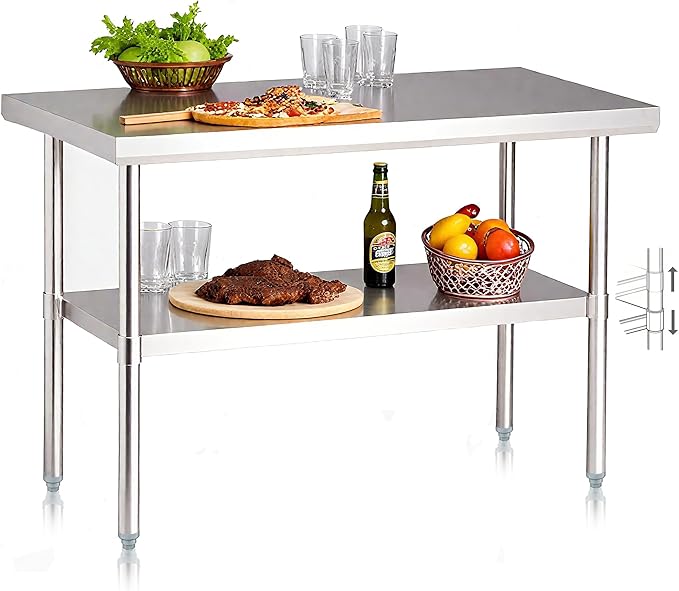 NUUK Stainless Steel Work Table 24" x 48", Commercial Kitchen Food Prep Table with Adjustable Height, Utility Worktable Metal Countertop Work Station for Restaurant, Home and Hotel