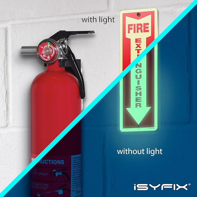 iSYFIX Fire Extinguisher Sign – 2 Pack 4x12 Inch – 100% Rust Free .040 Aluminum Signs, Glow in the Dark Laminated for Ultimate UV, Weather, Scratch, Water and Fade Resistance, Indoor and Outdoor