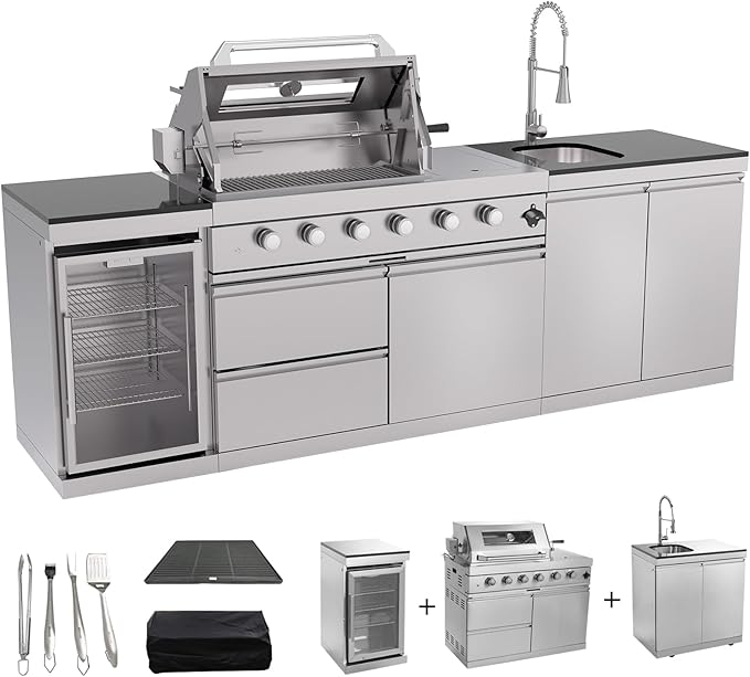 104 Inch Outdoor Kitchen Island, 7200 BTU Gas Grill Combination With Refrigerator and Sink, Outdoor Stainless Steel Barbecue Bar, Natural Gas Barbecue Grill for Patios, Gardens, Parties