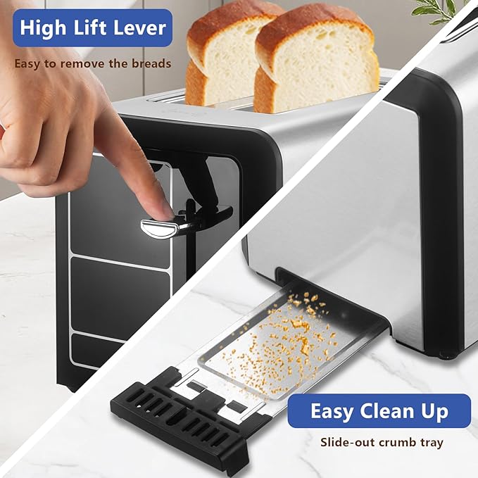 Touch Screen Toaster 2 Slice, Smart Digital Toasters, 6 Browning Levels & 6 Bread Types, Bagel Memory Function, Timer, Stainless Steel, 800W