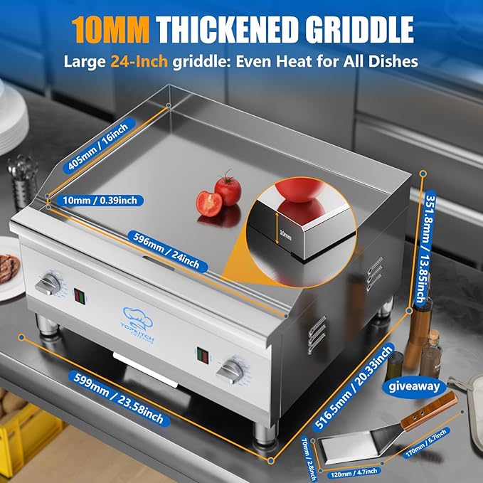 Commercial Electric Griddle, 16"x24" Cooking Surface with 10mm Thick Plate, ETL Certified 300℃ Precise Temperature Control, 3" Splash Guard, Suitable for Medium & large Restaurants