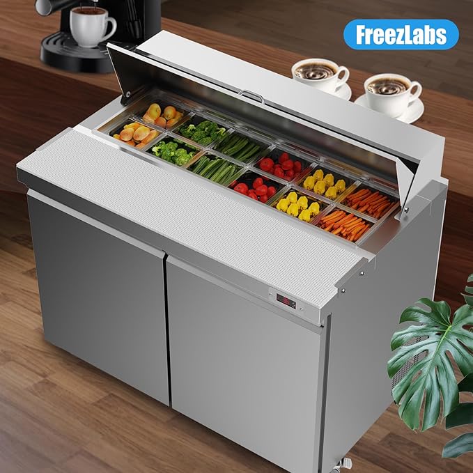 48’’ W Commercial Refrigerator Sandwich Salad Prep Table Refrigerators 2 Door with 12 Pans, Prep Station Fridge for Restaurant, Bars, Shops