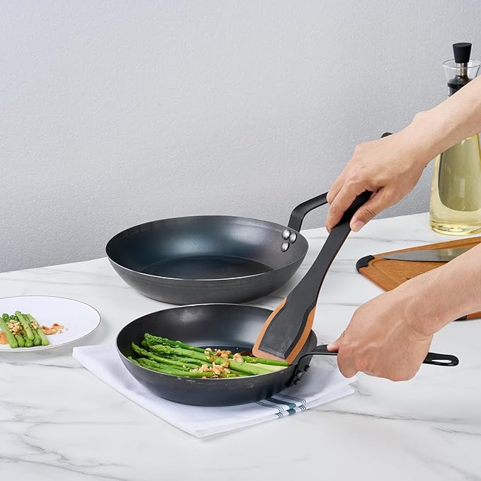 Met Lux 9.5 Inch Fry Pan, 1 Lightweight Frying Pan - Induction-Ready, Triple-Riveted, Black Carbon Steel Cooking Skillet, Durable, For Searing, Sauteing, And Browning Food - Restaurantware