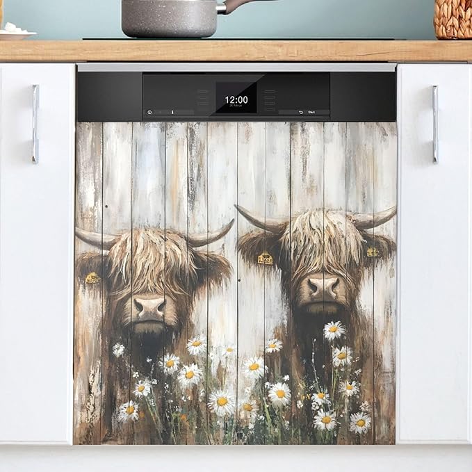 Two Highland Cows Dishwasher Magnet Cover Magnet Sticker for Kitchen 23x26in Dish Washer Magnet Cover Refrigerator Magnets Panel Decal Pad