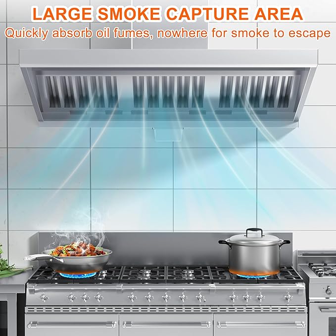 5FT Commercial Kitchen Exhaust Hood Food Truck Vent Hood Durable Stainless Steel Concession Trailer Hood with 3 Removable Hood Filters (No Motor), NSF Listed