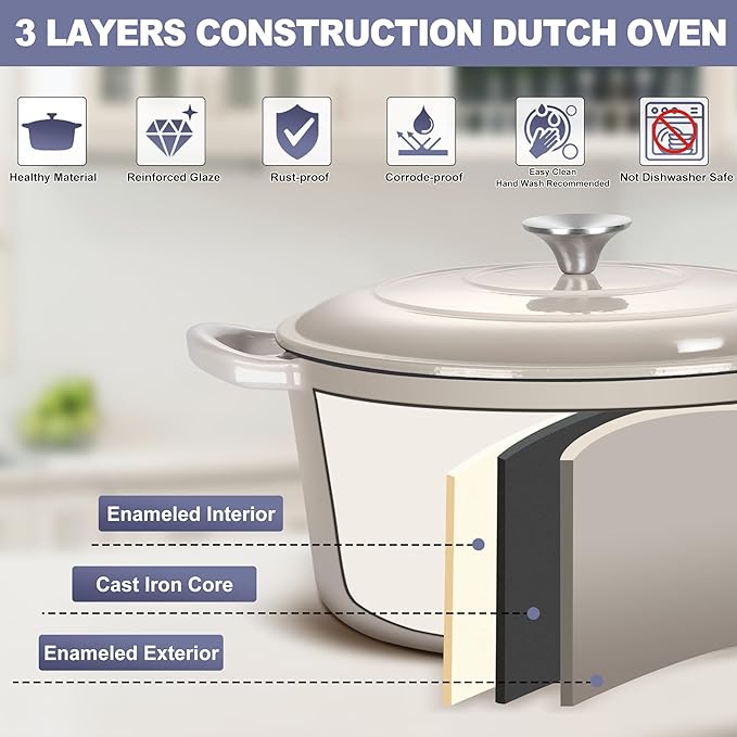 TeamFar Dutch Oven, 6QT Enameled Cast Iron Dutch Oven Cooking Pot with Lid & Dual Handles, for Bread Baking Braising Stewing, Heavy Duty & Non Stick, Oven & All Stovetops Safe - Khaki