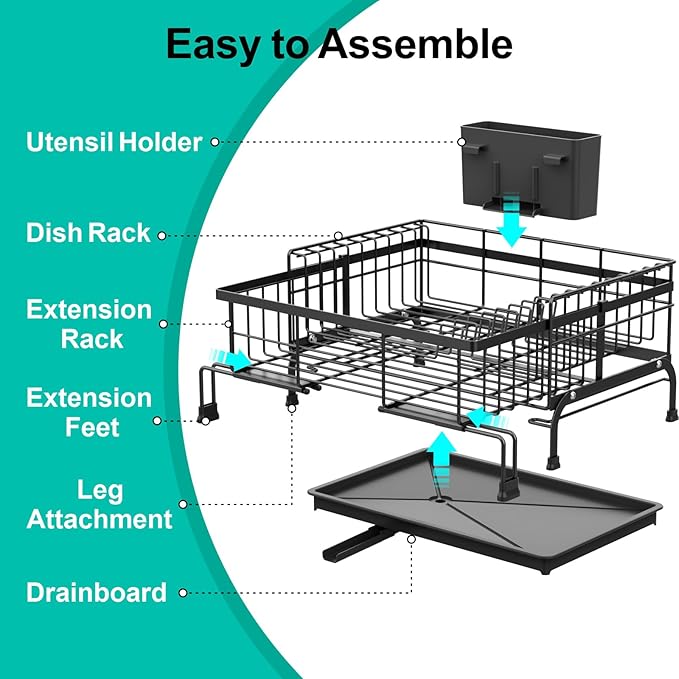 Swedecor Extendable Dish Drying Rack - Compact Dish Rack for Kitchen Counter, Over-The-Sink Dish Strainer with High Enclosed Fence, 360° Swivel Drain Spout, Rustproof, 10"–18.9" L × 15.6" W, Black