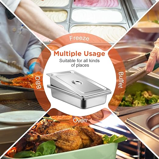 Dandat 6 Pack Full Size Steam Table Pans Deep Hotel Pan with Lid Thick Stainless Steel Restaurant Commercial Trays Steam Food Containers for Chafing Dish Buffet(20.8 x 12.8 x 3.9 Inch)