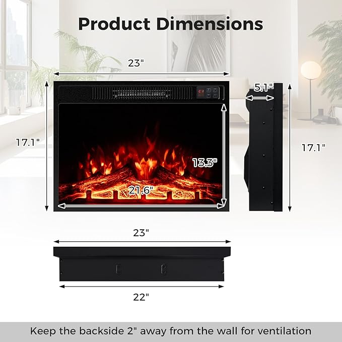 Tangkula 23" Electric Fireplace, 5,000 BTU Fireplace Insert with Remote Control, 3 Flame Colors & Brightness Levels, Recessed Fireplace Heater with 1-8H Timer, Thermostat & Overheat Protection