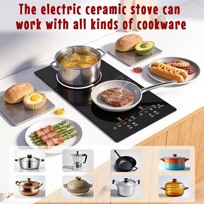 2 Burner Electric Cooktop with Hardwire 12 Inch, 240V Built in 3000W Ceramic Cooktop, Double Burner Electric Stove, Touch Control, Safety Lock, 9 Heating Levels, 99Mins Timer, Overheat Protection
