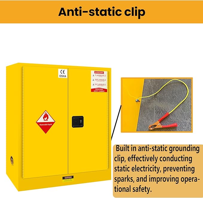 170 Gallon Galvanized Steel Flammable Storage Cabinet, 53" H x 46" D x 21" W Fireproof Cabinets Adjustable Shelf 2 Manual Closing Doors, 3 Point Locker Cabinet for Industry and Home Use Yellow