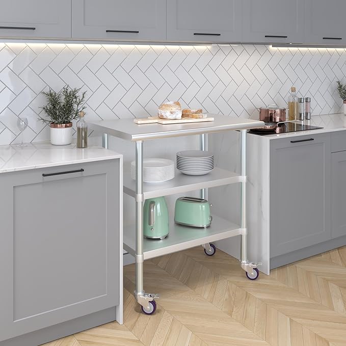 AmGood Stainless Steel Work Table with 2 Shelves and Casters | Metal Utility Table On Wheels (Stainless Steel Work Table with 2 Shelves + Casters, 36" Long x 24" Deep)
