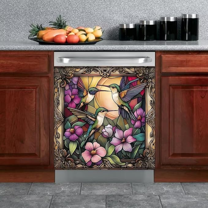 Stained Glass Hummingbird Dishwasher Cover, Flower Dishwasher Magnet Covers Decorative for The Front, Magnetic Refrigerator Cover Fridge Decal, Dish Washer Magnet Appliance Sticker, 23"X26"