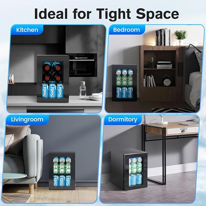 24 Cans Beverage Refrigerator Cooler, Mini Fridge Countertop Drink Cooler for Soda, Canned Beer, Adjustable Digital Temperature Control for Home Dorm Office, Black