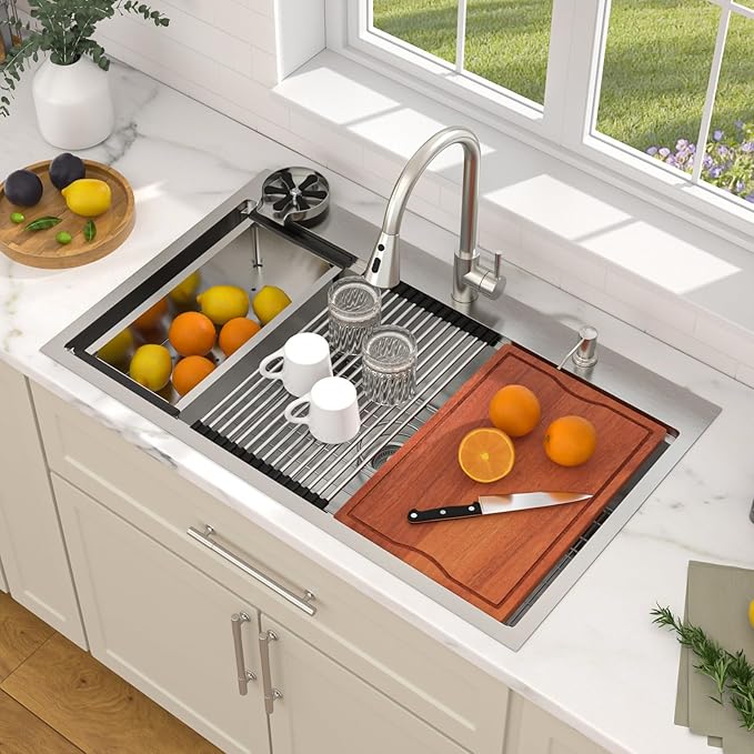 Dcolora 33x22 Workstation Kitchen Sink with Cup Washer, Drop In Luxury Large Single Bowl, 304 Stainless Steel Heavy Duty 16 Gauge, 5 In 1 Valued Accessories #DC-TW258006S