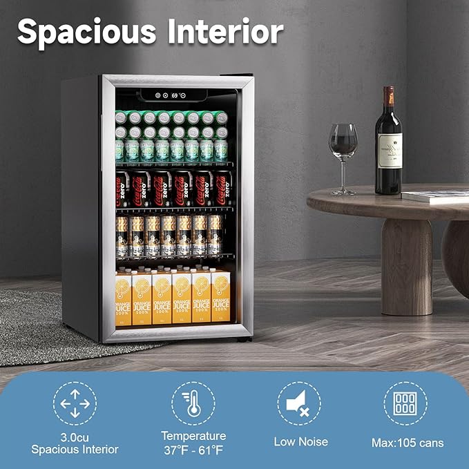 Stopasd Beverage Refrigerator Cooler, 3.0 Cu.Ft/105 Can Drink Fridge with Adjustable Shelves & Glass Door for Soda Wine Beer, Quiet Undercounter Small Fridge for Home/Office/Bar/Garage(37-61 ℉),Sliver
