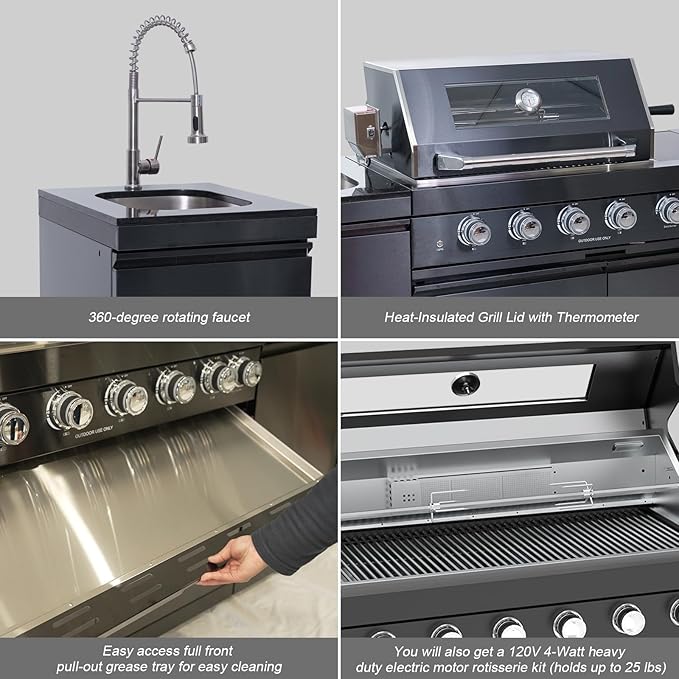Outdoor Kitchen Island, 84.6 Inch 72000 BTU Gas Grill Combination With Refrigerator and Sink, Outdoor Stainless Steel Barbecue Bar, Natural Gas Barbecue Grill for Patios, Gardens, Parties