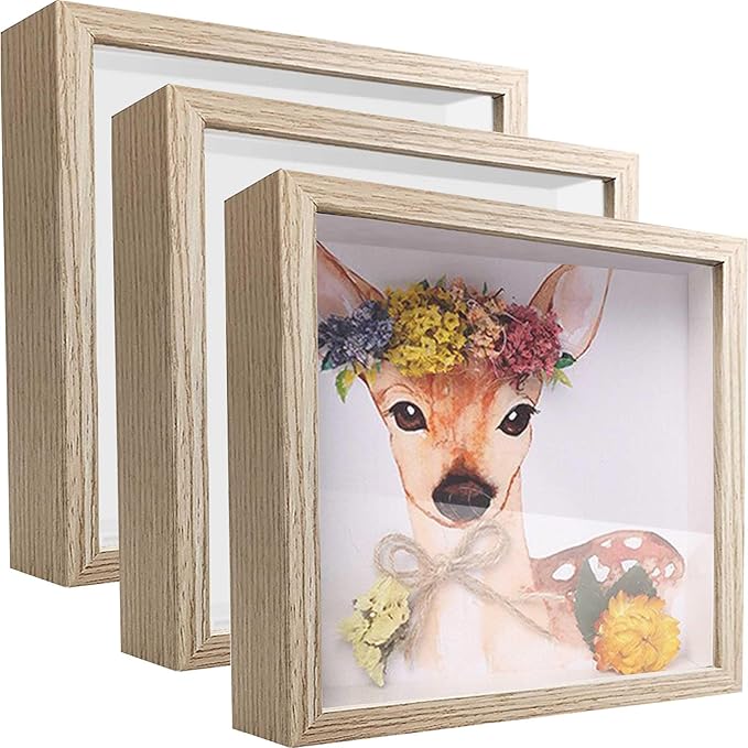8x8 Shadow Box Frame Display Case, Display Case Box for Memorabilia, Medal, Crafts,Tickets and Photos, Picture Frame for Wall and Tabletop (3pcs-Natural Wood, 8x8)