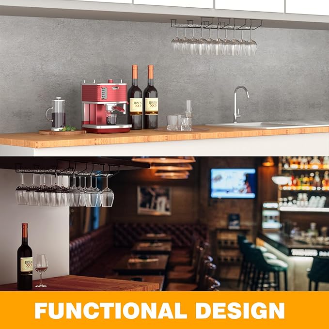 14-Inch Under Cabinet Wine Glass Holder - Metal Stemware Rack, Single Rail Hanging Rack for Kitchen Bar - Set of 4