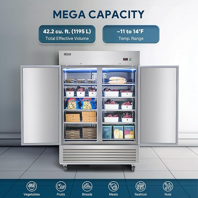 Wilprep 54" W Commercial Freezer 2 Door 2 Section Upright Freezer Stainless Steel Reach-in Solid Door Upright Fan Cooling 42.2 Cu.ft Freezer for Restaurants, Bars, Shop, ETL-Listed