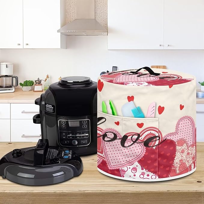TODIYADDU Love Print Pressure Cooker Cover with Handle and Storage Pocket for Extra Accessories - Portable Kitchen Small Appliance Dust Protective Case for Air Fryer Toaster