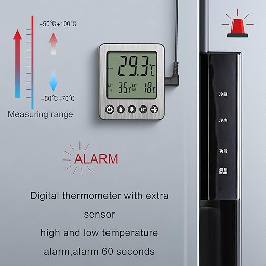 Refrigerator Thermometer Freezer Alarm Digital Freezer Thermometer Fridge Thermometer with Extra Sensor high and Low Temperature Alarm 2pcs White zz10