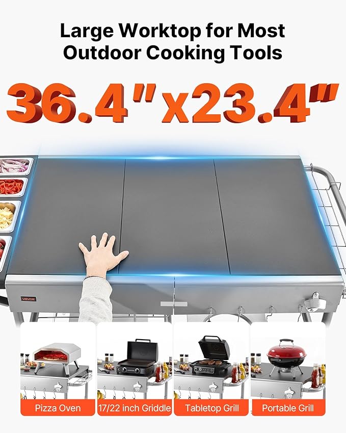 VEVOR Outdoor Grill Cart, 36.4 x 23.4 x 1 inch Tabletop Size Grilling Table, Movable Outdoor Cooking Table with 4 Spice Containers, Wheels, Lids, Hooks, BBQ Prep Tables for Picnic, Kitchen, Courtyard