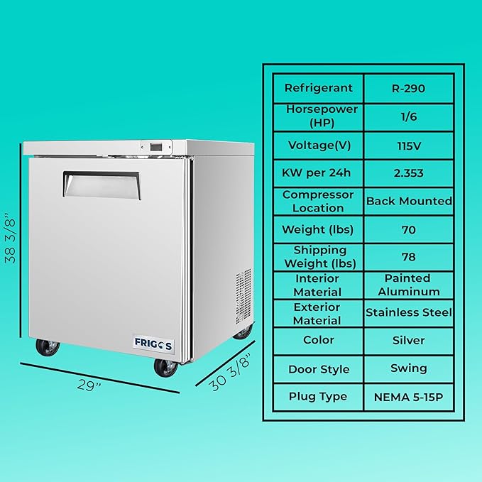 Frigos FG-UCFZ-29 29" 6.7 cu ft Commercial Undercounter Freezer Silver - ETL Certified Stainless Steel, LED Lighting - Perfect for Commercial Kitchens - Low Energy Freezer Included Liftgate