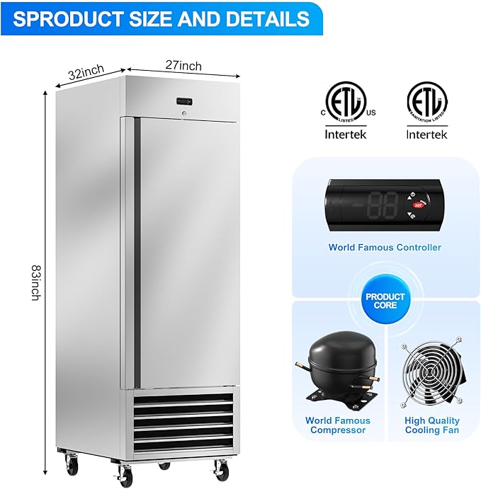 27" W Commercial Refrigerator, 21 Cu.ft Stainless Steel Reach-in Upright Refrigerator with Single Solid Door and 3 Adjustable Shelves for Restaurant, Commercial Kitchen, ETL Approved
