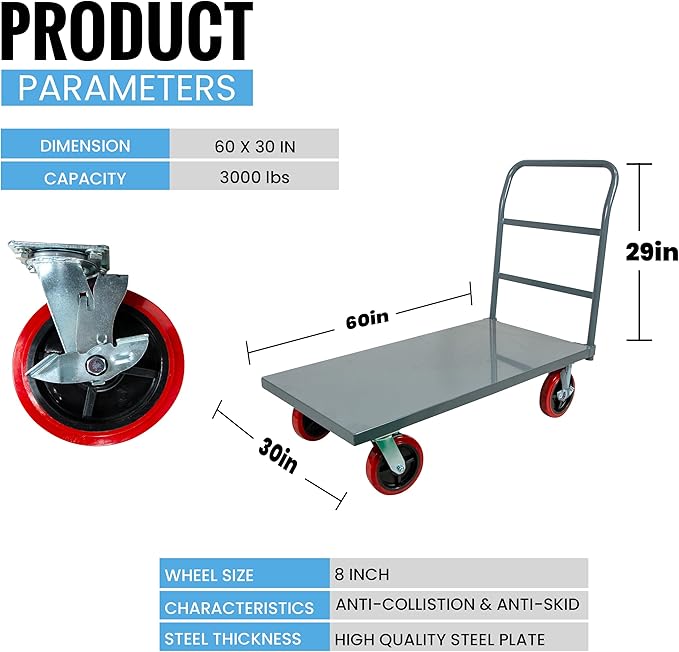 5Seconds Flatbed Platform Cart 3300LB Industrial Dolly Heavy Duty 60” x 30” Hand Push Truck Super Heavy Duty Flatbed 8'' Locked Swivel Wheels Commercial Moving
