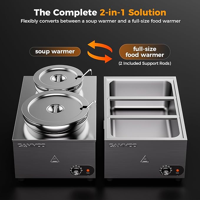 20qt 2-in-1 Electric Soup Warmer and Steam Table Food Warmer, 1200W Stainless Steel Bain Marie Pot, 86~185°F Adjustable Temp, Commercial Soup Kettle for Catering Restaurant Buffet