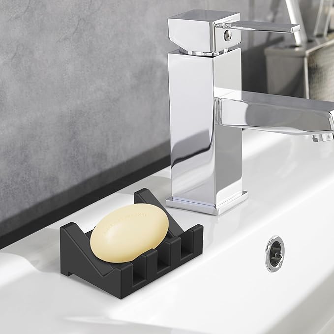 Silicone Soap Dish - 1 PCS Extended Self Draining Soap Holder for Shower, Bathroom and Bathtub with Drainage - Black