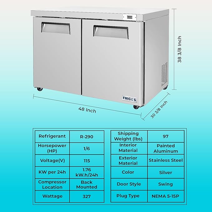 Frigos FG-UCRF-48 48" 2 Door Undercounter Refrigerator Silver - Standing Refrigerator Ideal for Commercial Kitchen - LED Lighting Included Liftgate