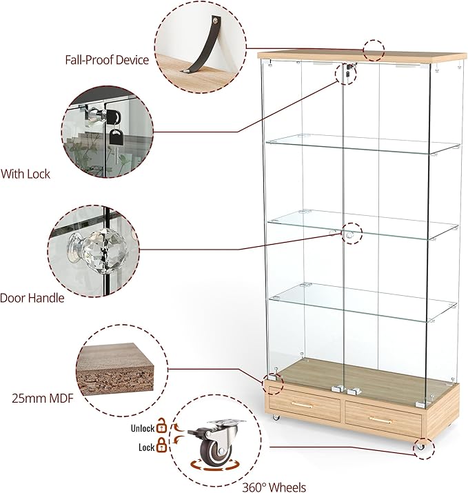 Yoluckea 4 Tier Glass Display Cabinet with LED Lighting and 2 Drawers, 2 Doors Floor Standing Curio Cabinet with Wheel for Home, Office,Corner Display,Natural Glass Bookshelf for Collections and Decor