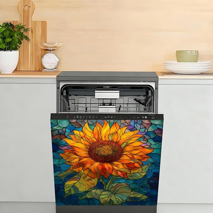Dishwasher Magnet Cover, Creative Pattern Sticker, Dishwasher Magnetic Decoration, Refrigerator Protection Decoration, Sunflower, Kitchen Art Decoration 23x25.5 inches