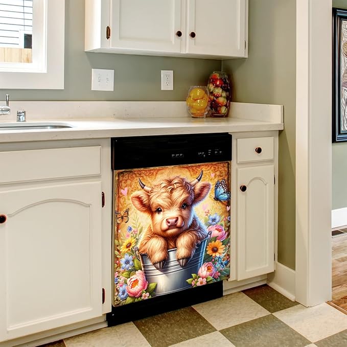 Vintage Alpine Cow Dishwasher Magnet Cover Vintage Alpine Cow Front Dishwasher Cover Decoration Reusable Magnetic Door Cover Panel Decal Home Appliances Stickers Kitchen Refrigerator 23"X26"