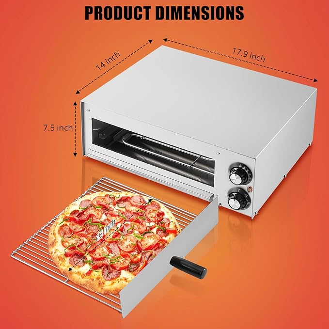 Electric Pizza Oven 13 inch Countertop Pizza Maker, Single Deck Stainless Steel, Removable Crumb Tray, Timer & Temp Control, Commercial Pizza Cooker Ideal for Home Kitchen Restaurant and Food Truck