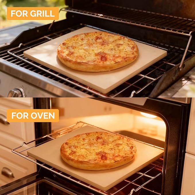 Rectangular Pizza Stone Kits 4PCS 12"x15",Cordierite Baking Stone for Grill & Oven,Cutter Rocker Stainless Steel &10pcs Cooking Paper and Peel Paddle-Durable and Pizza Oven Accessories
