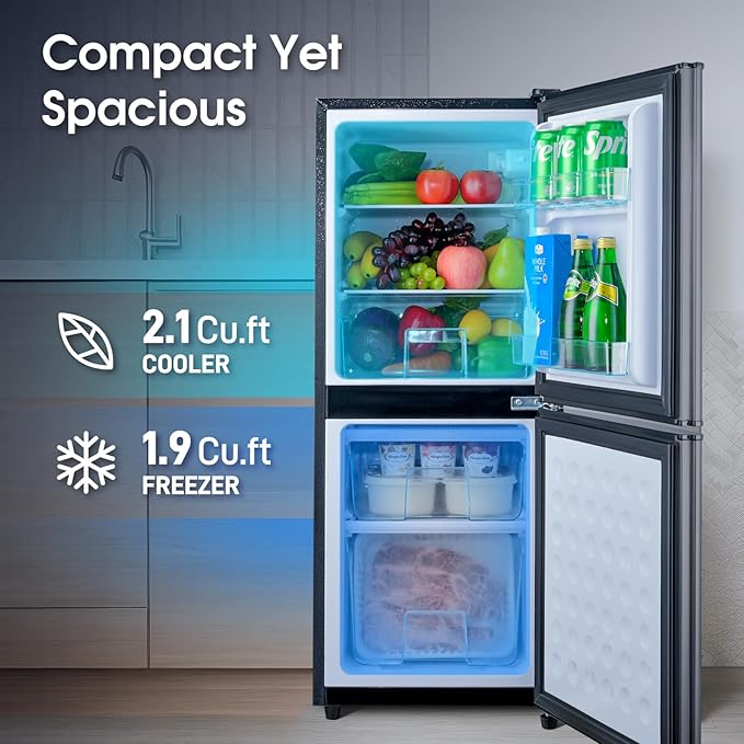 Fridge with Bottom Freezer and Drawer, 4.0 Cu.Ft Double Door Refrigerator with 7 Adjustable Temperature Settings for Bedroom, Dorm, Office, Apartment, Large Capacity, Black