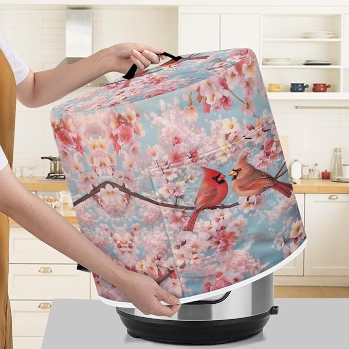 Xoenoiee Cardinal Bird Cherry Blossom Print Kitchen Appliance Dust Cover with Pockets, Electric Pressure Cooker Cover for qt Compatible with Crock Pot, Rice Cooker Cover, for 3 Qt Pot