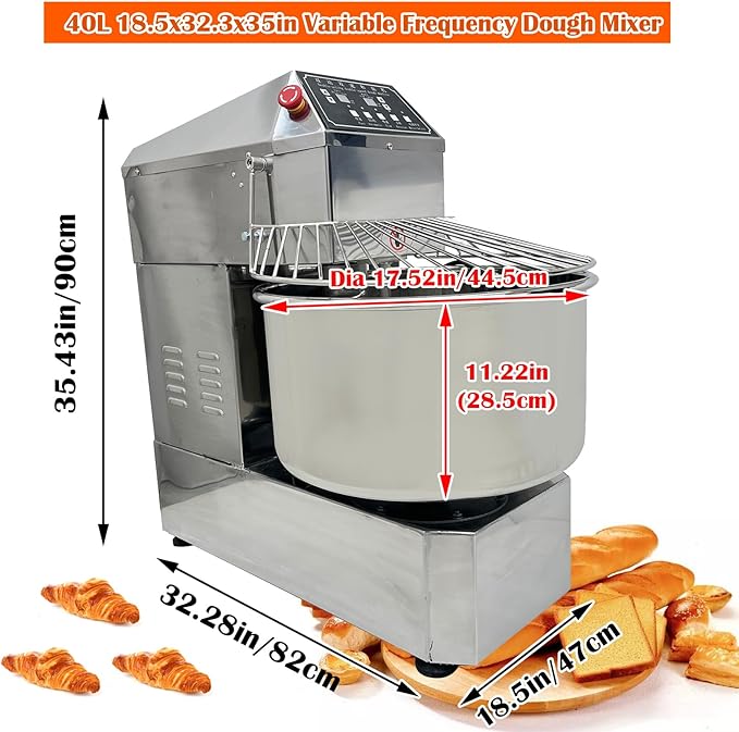 40L Stand Dough Mixer, Double-acting Double-speed Dough Machine with Variable Frequency for Commercial, Stand Spiral Food Mixer for Mixing Pizza Bread Dough in Restaurants Bakeries