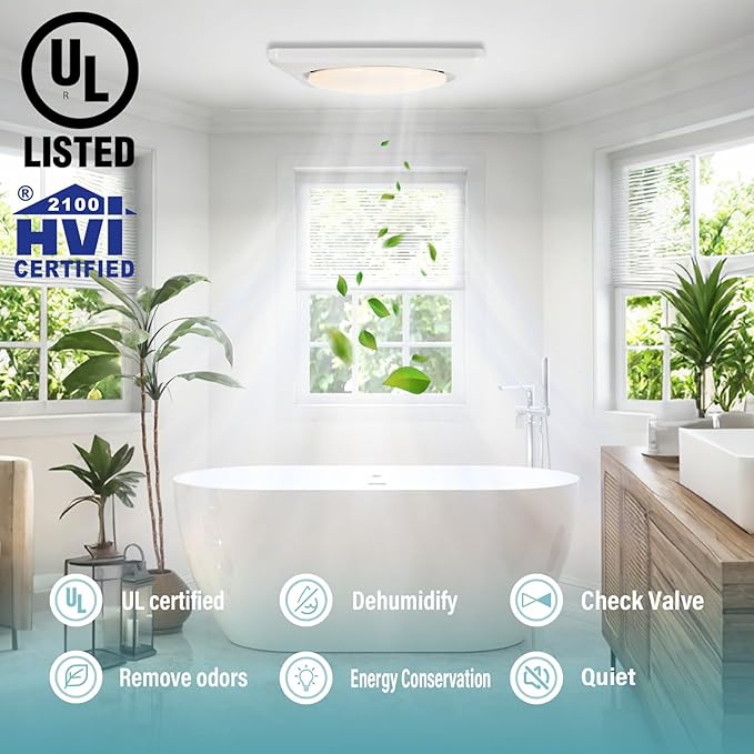 Bathroom Exhaust Fan with Light,120 CFM 1.2 Sones, 41W Bathroom Fan with Light for Home, 1500lm LED Light 2700K/4000K/6500K-UL HVI Certificated